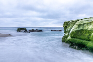 Rugged moss covered rocks sit sentinel surrounded by the incoming tide of the Pacific Ocean on a cloudy winter day in La Jolla California