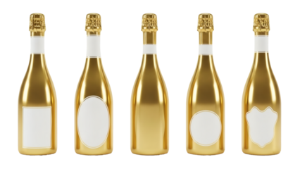 Elegant golden champagne bottles with blank labels, perfect for luxury brand advertising and high-end event promotions.