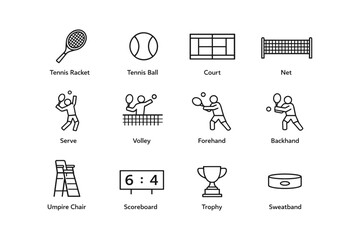 Obraz premium Tennis icons: equipment, actions, and court elements illustrated