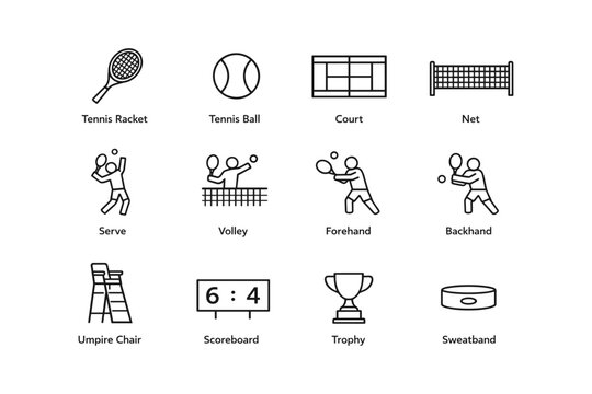 Tennis icons: equipment, actions, and court elements illustrated