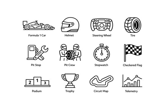 Motorsport icons: formula 1 car, helmet, steering wheel, tire, pit stop tools, stopwatch, checkered flag, podium, trophy, circuit map, telemetry