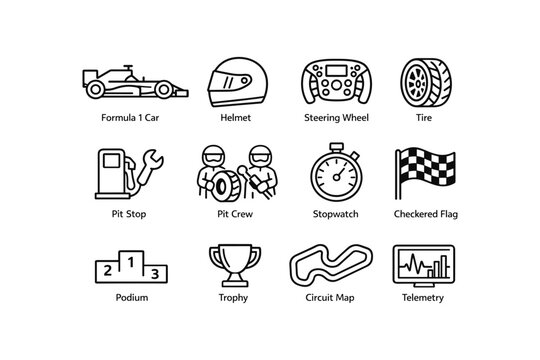 Motorsport icons: formula 1 car, helmet, steering wheel, tire, pit crew, checkered flag, trophy, circuit map