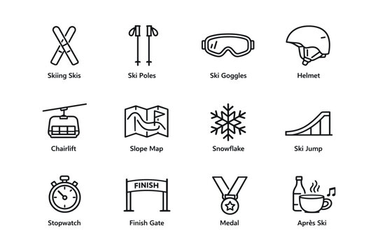 Ski equipment and symbols: skis, poles, goggles, helmet, map, snowflake, ski jump, stopwatch, finish gate, medal, apr&egrave;s ski