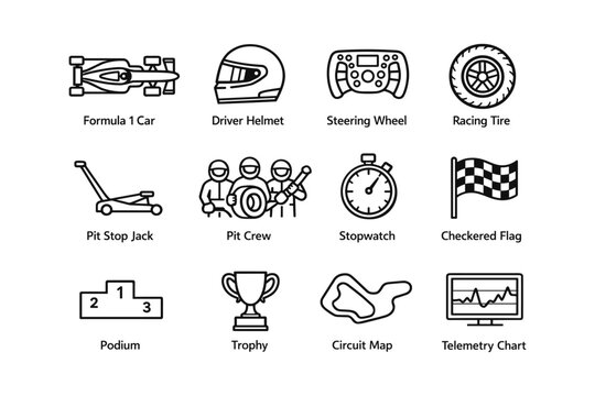 Formula 1 racing elements: car, helmet, steering, tire, pit crew, stopwatch