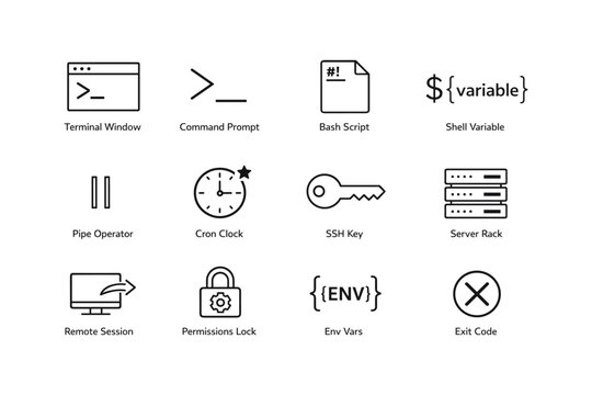 Icons set: terminal, command prompt, bash script, ssh key, server rack, exit code
