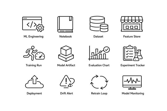 Machine learning workflow icons: engineering, deployment, monitoring, dataset, training
