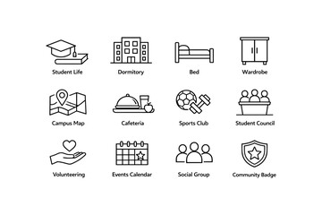 University icons set: student life, dormitory, bed, wardrobe, and more