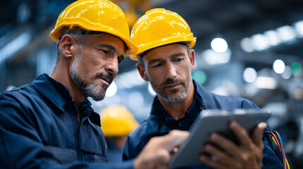 Two male workers in safety helmets reviewing data on a tablet in an industrial setting.