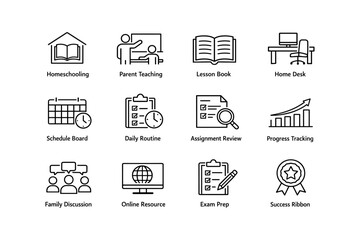 Education symbols: homeschooling, teaching tools, online resources, and progress tracking icons