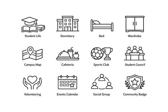 University icons: student life, dormitory, cafeteria, sports club, community badge