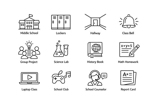 Middle school icons: facilities, activities, and academic elements illustrated - Powered by Adobe