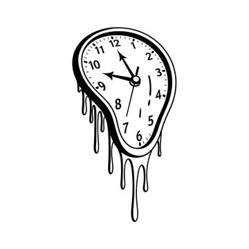 Flat black and white icon of a spiral clock face melting