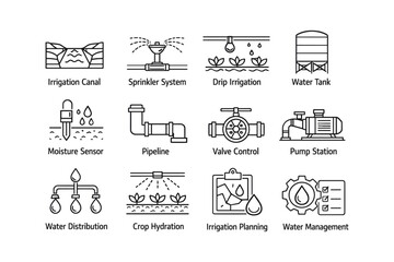 Water management icons: irrigation systems, pipes, and hydration technology concepts