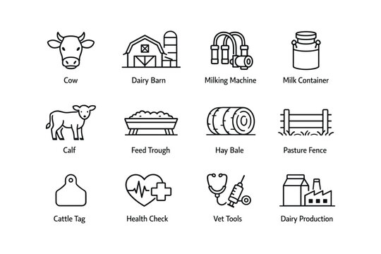 Farm icons: cow, barn, milking, calf, feed trough