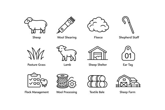 Sheep farming icons: wool shearing, lamb, shelter, and more