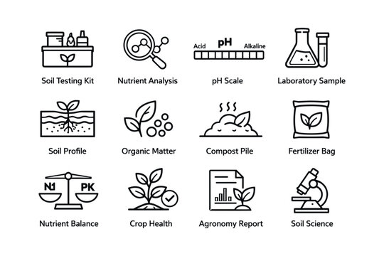 Agricultural icons: soil testing, nutrient analysis, ph scale, laboratory samples
