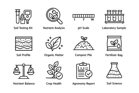 Soil testing and analysis icons depicting nutrient analysis and ph balance