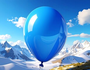 A large, shiny blue balloon floats against a bright blue sky dotted with fluffy clouds, over snowy mountains