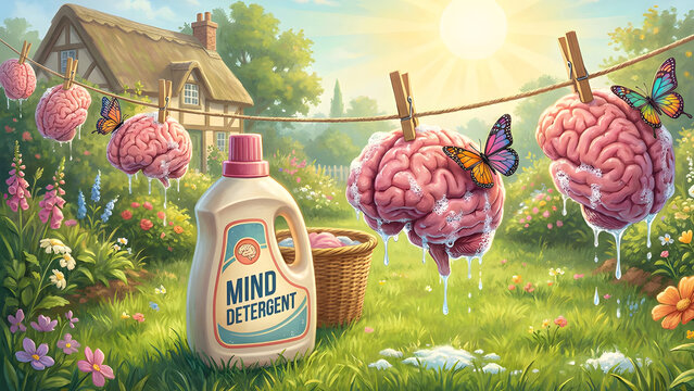 Surreal whimsical illustration of pink brains hanging on a clothesline to dry representing brainwashing.