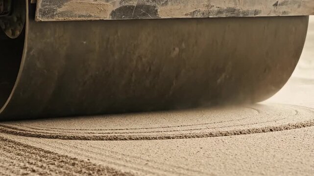 Heavy road roller compacting asphalt, construction equipment for roadwork, industrial machine. Compaction and infrastructure project.