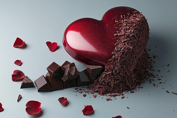 Romantic Valentine s Day Still Life with Glossy Red Heart, Dark Chocolate, and Rose Petals