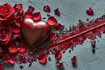 Elegant Valentine s Day Romantic Arrangement Featuring Red Heart, Roses, Petals, and Lipstick Art