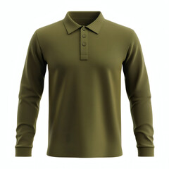 Plain green army long sleeve performance polo shirt 3D mockup showcasing front view for apparel design presentation on white background