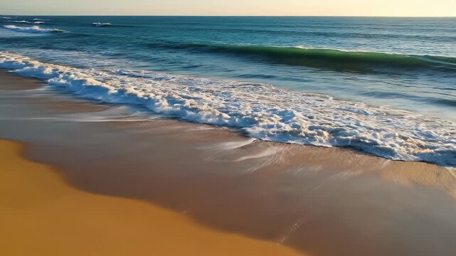 Dynamic Ocean Waves Crashing onto Sandy Beach.