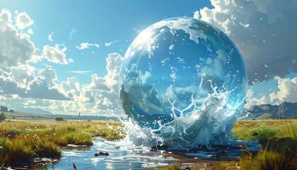 A large, sphere-shaped splash of water glows under a bright sky. It rests above a field, mountains in the distance