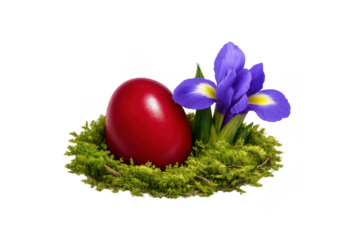 Red easter egg with purple iris on moss nest