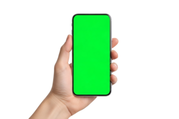 A hand holds a smartphone with a vibrant green screen, ideal for showcasing customizable content in a sleek and modern setting.