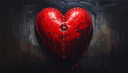 A large, stitched red heart, textured and distressed, hangs against a dark, mottled background. Blood drips downwards