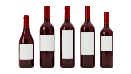 Five blank wine bottles with red caps with varied white label size mockup, perfect for branding and packaging design
