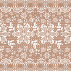 Seamless white floral lace border pattern on beige background