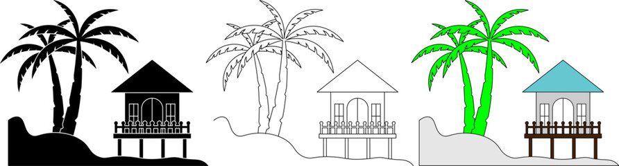 Tropical beach house icon set with palm trees in outline, silhouette, and colored vector styles
