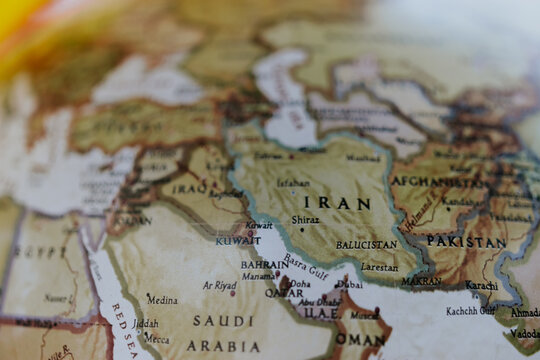 Map of Iran.Middle-East Countries. Detail from the World Atlas. Selective focus.