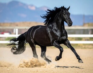 A magnificent black equine charges across a sandy expanse, mane and tail flowing. Mountains and a fence line provide the backdrop under a clear blue sky