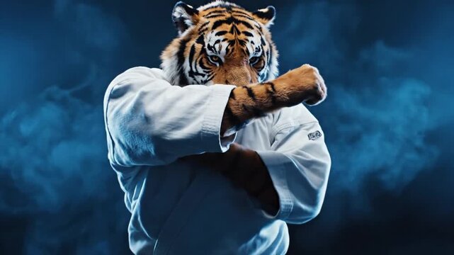 Tiger Warrior in Karate Gi Poses Aggressively on Dark Smoky Background