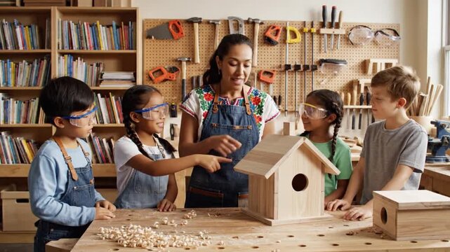 Woman teaches kids woodworking safety and skills in a modern classroom