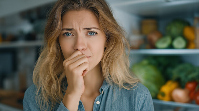 A concerned woman bites her nails, standing in front of a well-stocked fridge, reflecting anxiety or worry about something important.