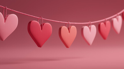 Colorful hearts in shades of pink hang on a string against a soft pink background, creating a warm and festive atmosphere perfect for celebrating love.