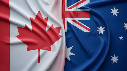Vibrant Canadian and Australian flags draped together symbolizing strong international partnership and global unity