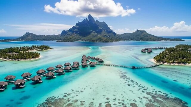 Bora Bora Paradise - Aerial View of Overwater Bungalows and Mount Otemanu.