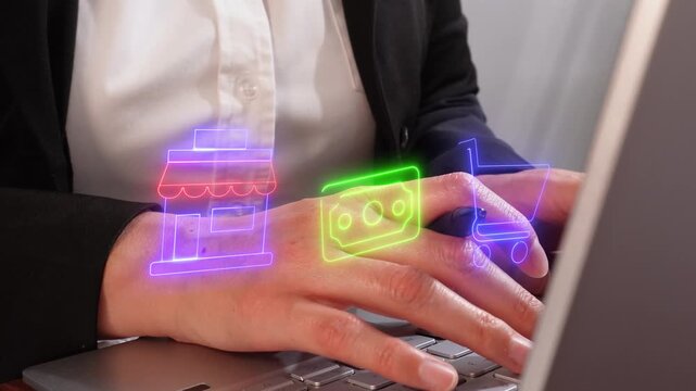 Businesswoman working on computer with online shopping icons