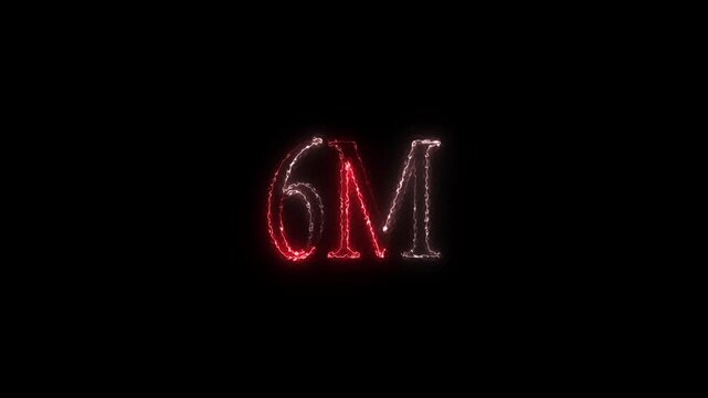 "Glowing red and silver neon 6M text animation on a dark black background for social media milestones, 6 million followers celebration, and digital achievement concepts."