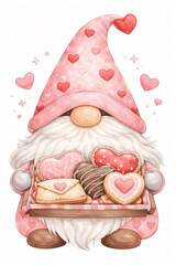 Gnome holding Valentine cookies, watercolor illustration, isolated on white background