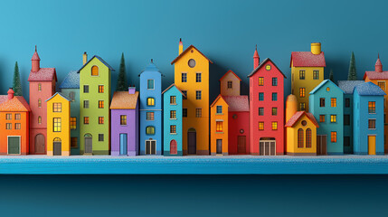 A vibrant row of colorful houses, each uniquely designed, set against a teal background, showcasing a whimsical and playful architectural style.