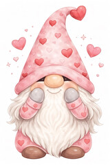 Gnome boy blushing with hearts, watercolor style, isolated on white background