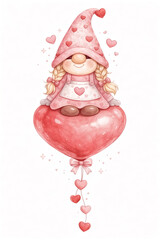 Gnome girl sitting on heart balloon, watercolor clipart, isolated on white background