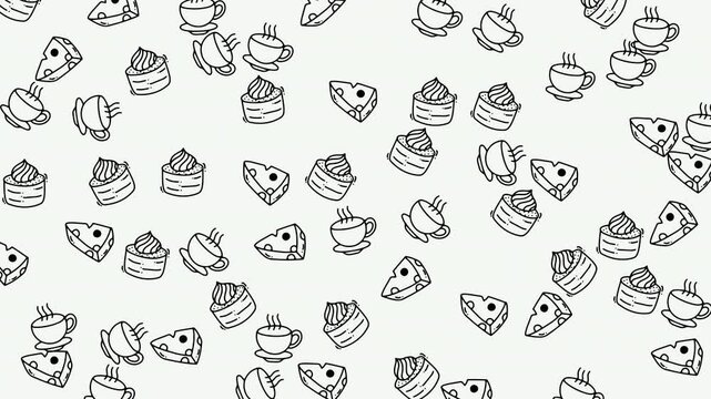 A charming seamless pattern featuring hand-drawn food and drink items, perfect for backgrounds, textiles, and decorative applications. Ideal for adding a cute and whimsical touch to various design pro